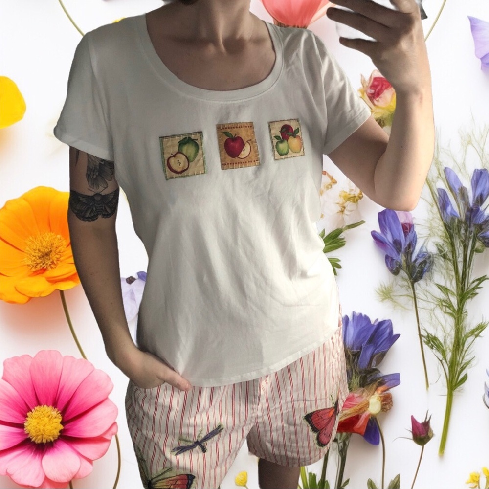 Upcycled Unique Apple Fruit Patch Cotton Basic Tee - image 2